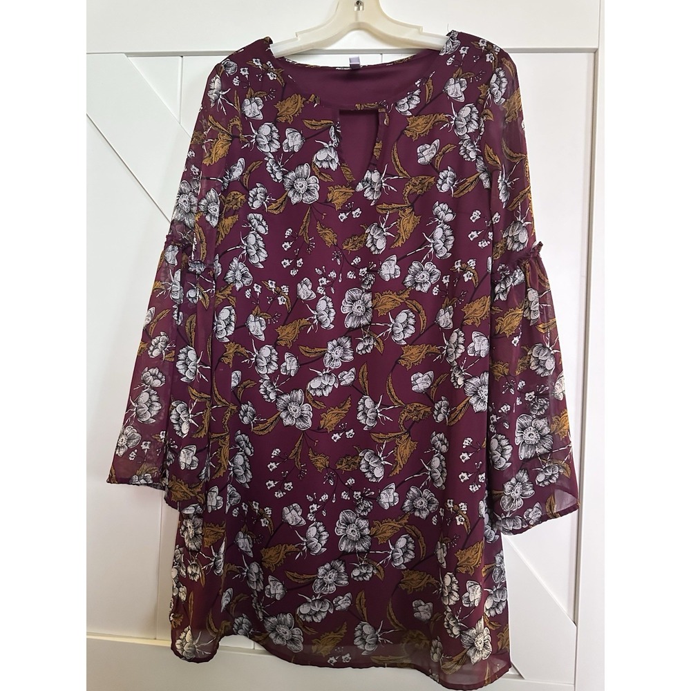 Xhilaration Boho Women's Sz M Burgundy Floral Print Keyhole Front Slipover Dress - Picture 2 of 6